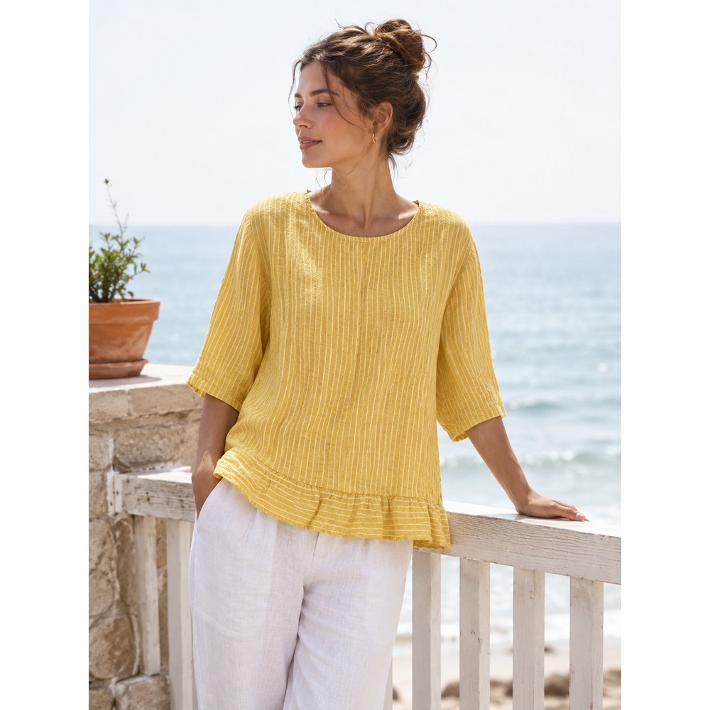 Lungo L'arno Italy 100% Linen Top Womens S Mustard Yellow Coastal Boho Tunic